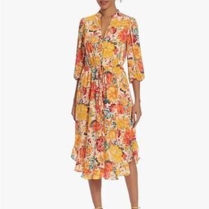 Donna Morgan Bright Floral Printed V-Neck Midi Dress